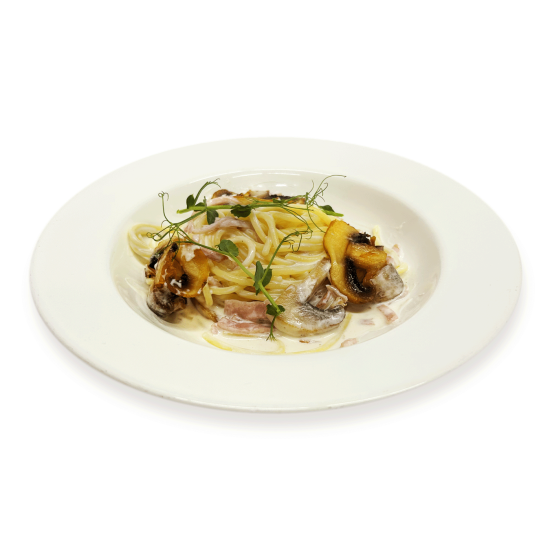 Спагетти с ветчиной и грибами