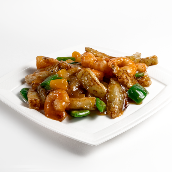 №158 Креветки с персиком и баклажаном