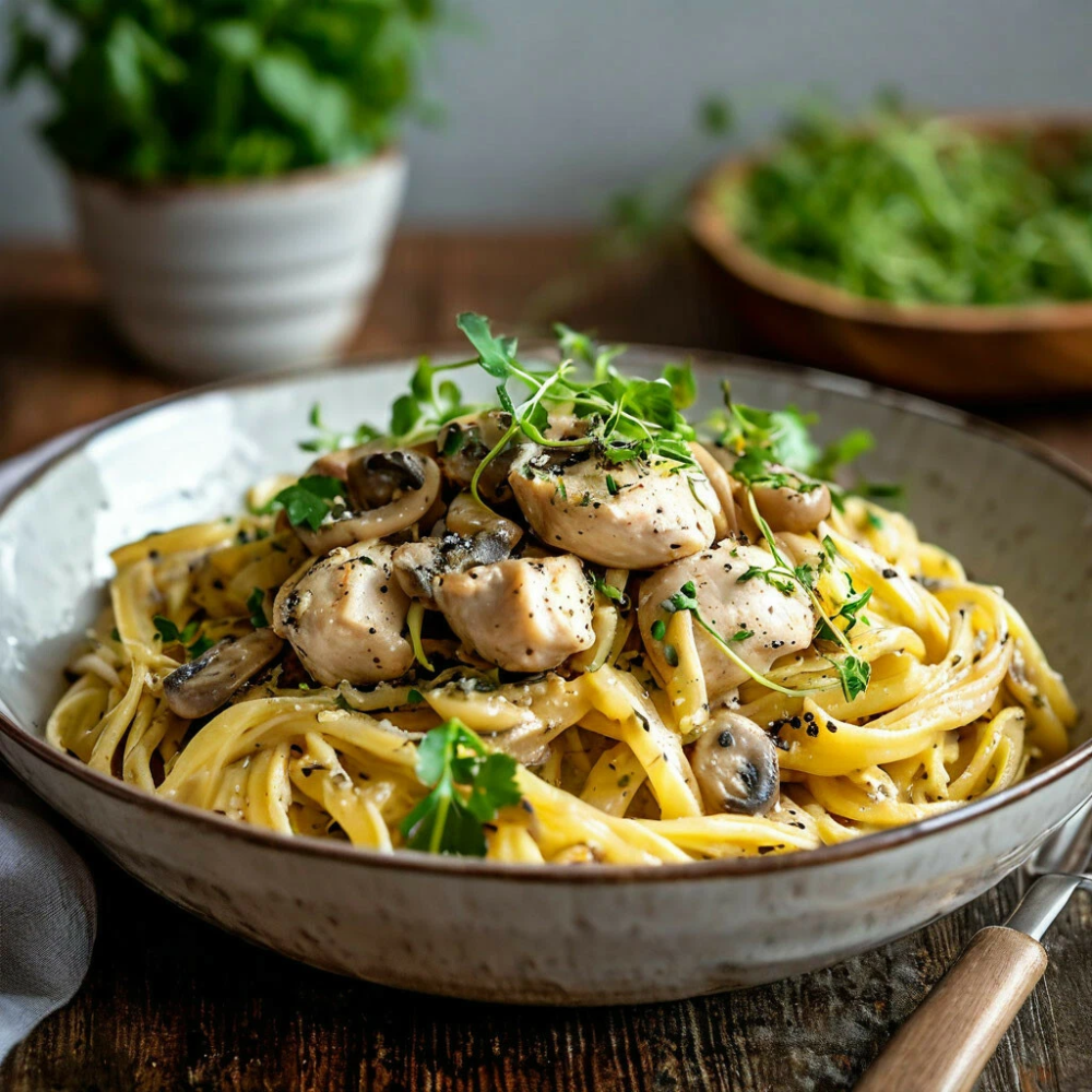 Паста с курицей и грибами