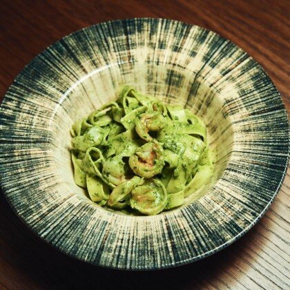 *Феттучини с креветками в шпинатном соусе