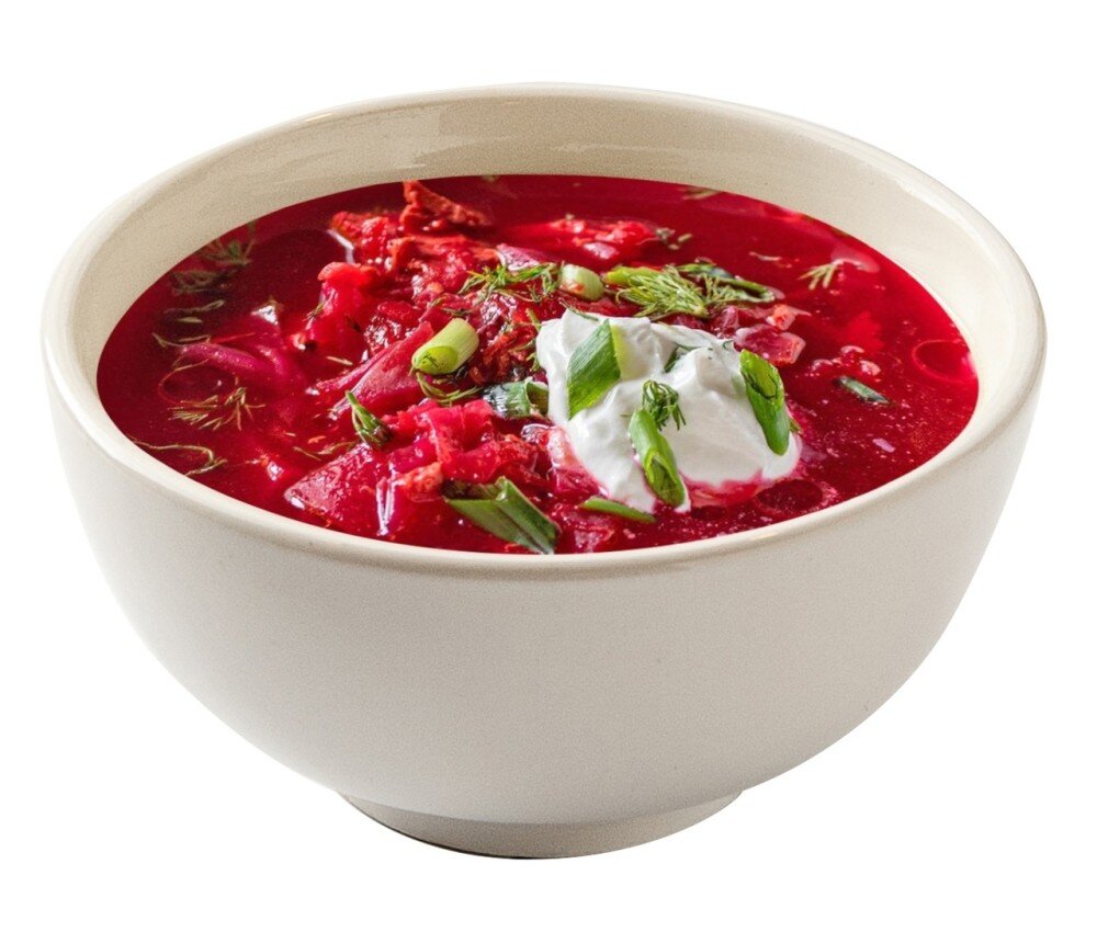 Борщ горячий с пампушкой и чесноком