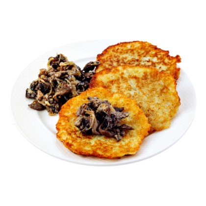 Драники с жареными вешенками и творожным сыром