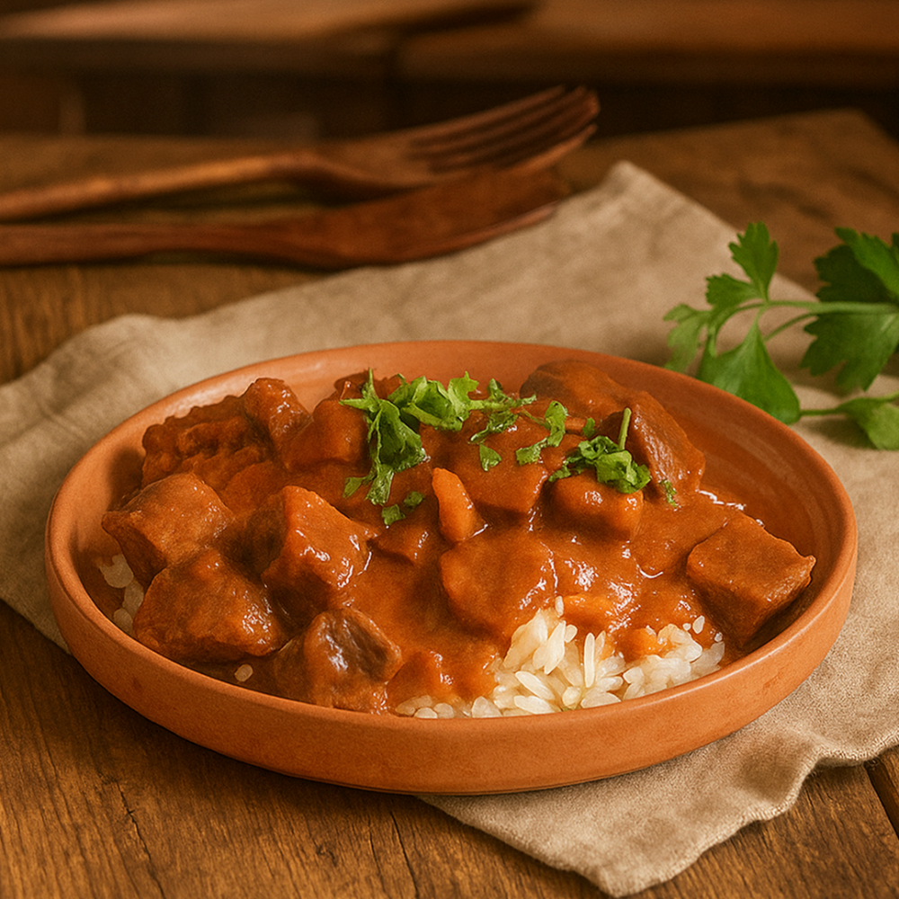 Гуляш из говядины, тушенный с овощами и картофелем, подаётся с гарниром на выбор