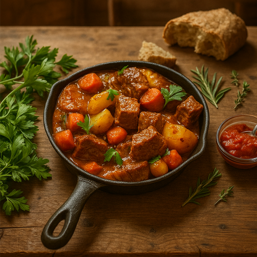 Наваристое жаркое с говядиной, картофелем и овощами