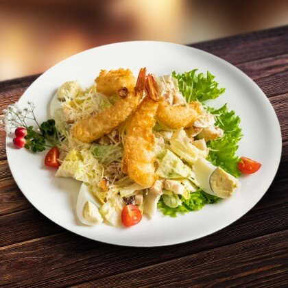 Салат «Цезарь» с креветками темпура