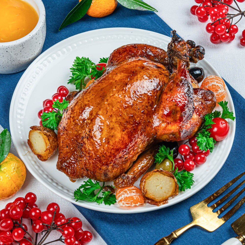 Запеченный цыпленок с яблоками и апельсинами