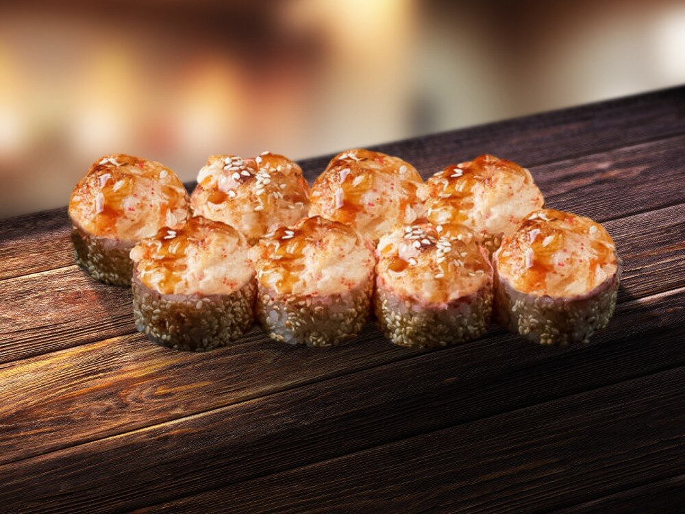 Запеченный ролл с лососем и креветкой