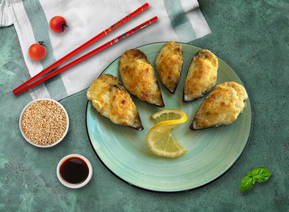 Мидии Запеченный под сырным соусом