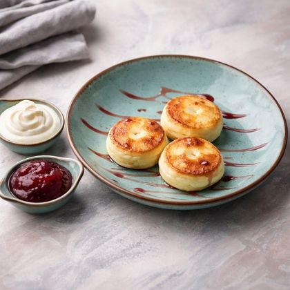 Сырники с малиновым вареньем и сметаной