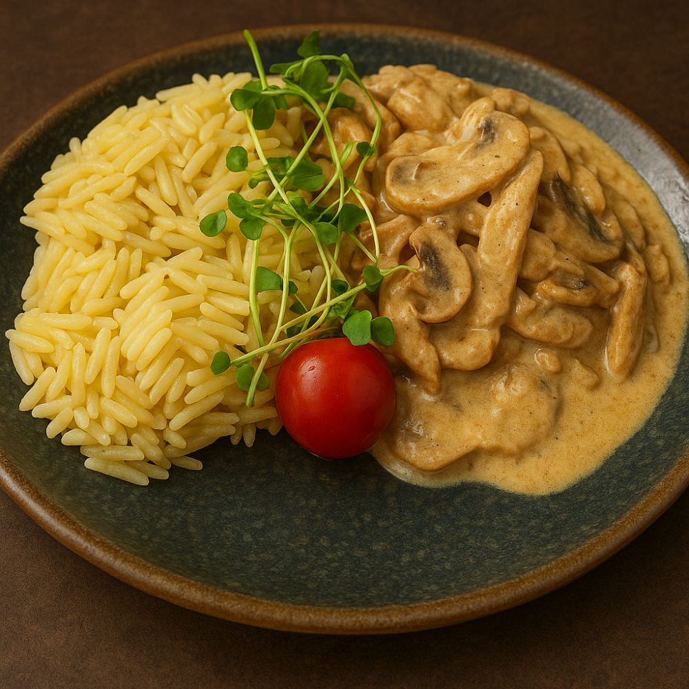 Бефстроганов из курочки с пастой орзо